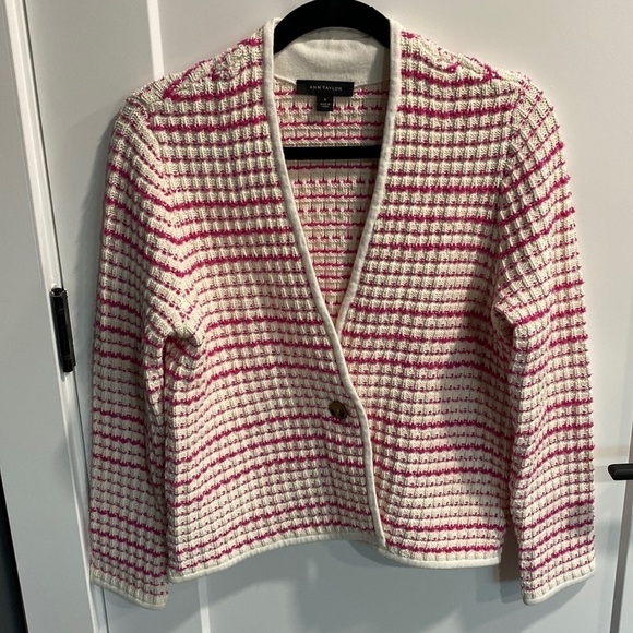 Ann Taylor Sweaters - Ann Taylor Pink And White Striped Cardigan EUC